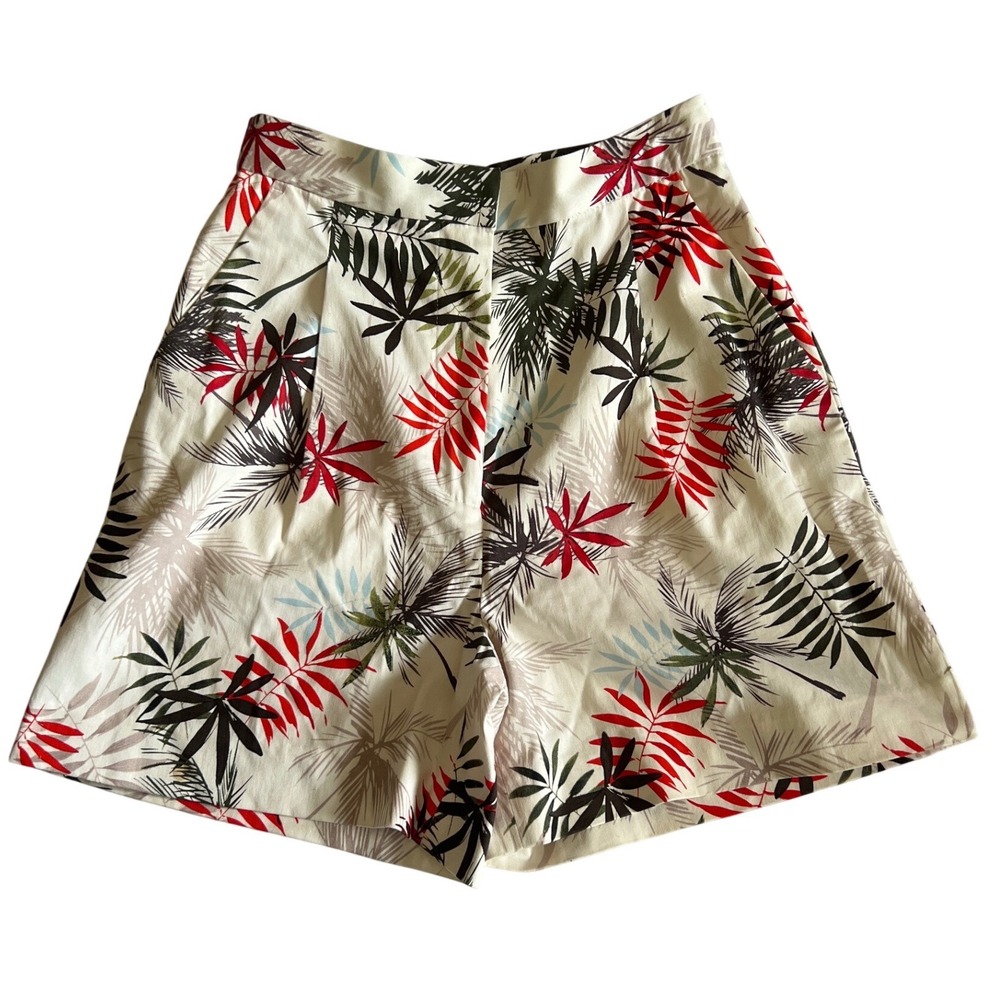 Reiss Selena Tropical Palm Print High‎ Waisted Shorts Cream Red Black USA 2